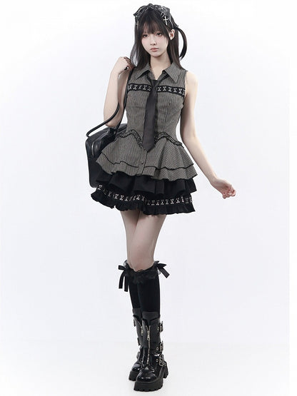 Black & Gray Striped Sleeveless Shirt with Peplum Hem - PINK SAVIOR