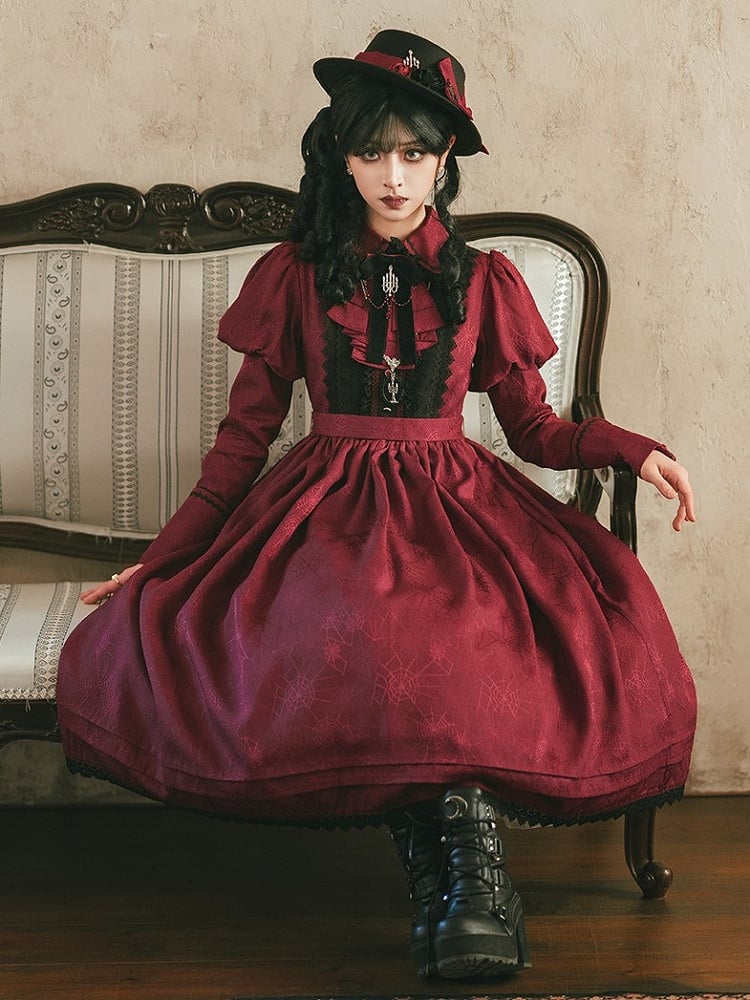 Juliette Red Dress Sleeves Pattern Spider Lace Trim and Black with Gothic Lolita Web
