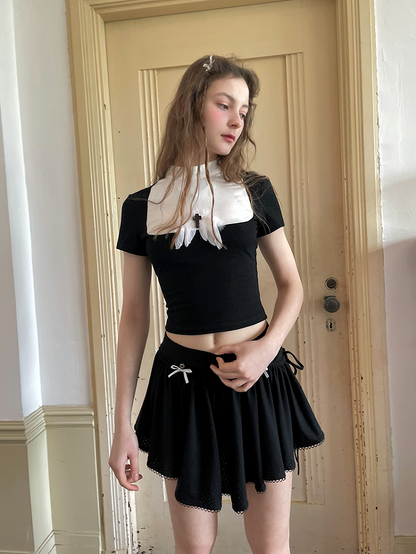 Colorblock Crop Tee with Detachable Feather Cross Brooch Black/White