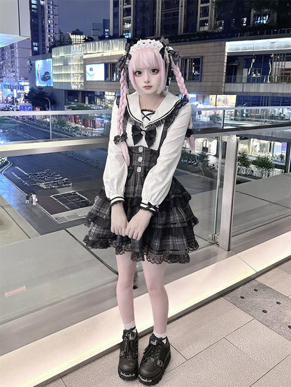 Blouse with Long White Sleeve Style Landmine Lace-Trimmed Sailor Collar Black