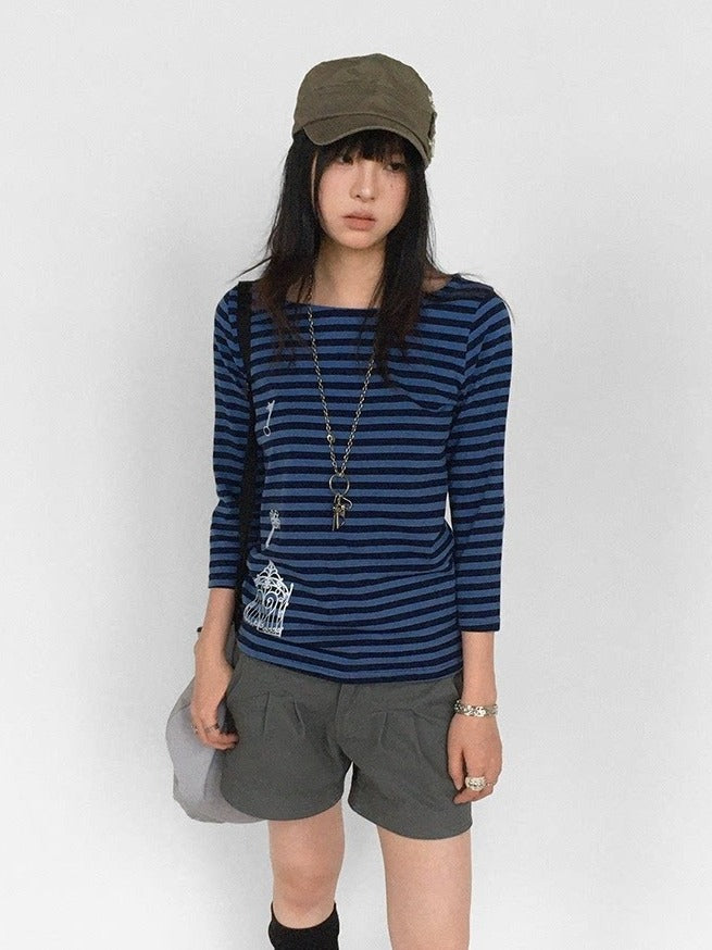 Navy Blue Striped Wide Round Neck Long Sleeve T-shirt with Key and Iron Gate Print - innomoood