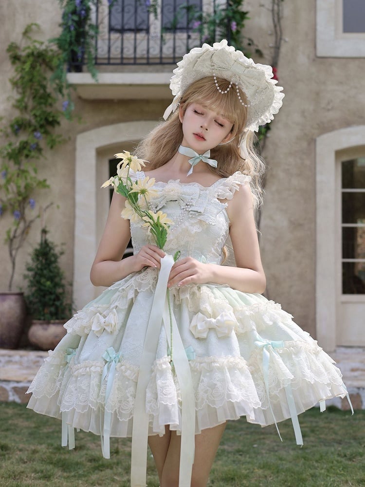 Skirt Accents Light Dress Lolita Jacquard Green Sweet Jumper Fabric Bow