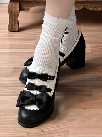Bow Mid-heel Elegant Shoes Slip-on Lolita Scalloped Hem Accents White Black