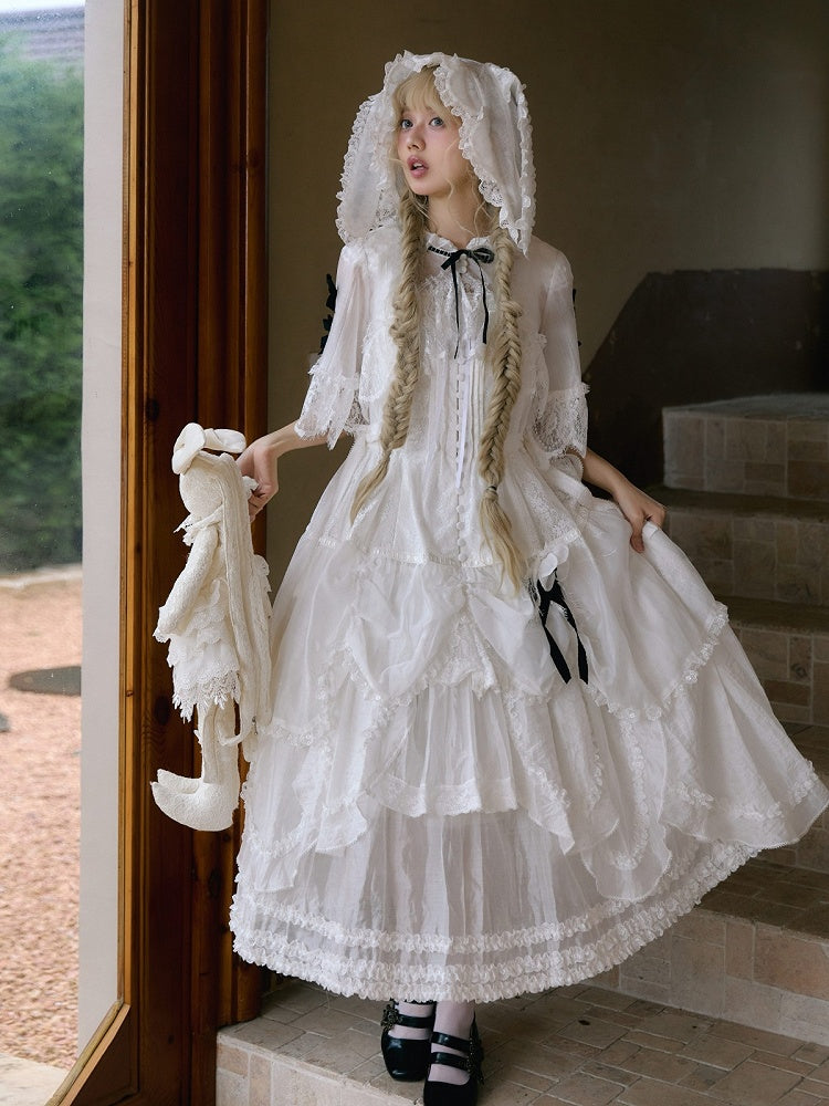 White Flutter Sleeve Petal Hem JSK with Bunny Hood & Lace Skirt Ensemble