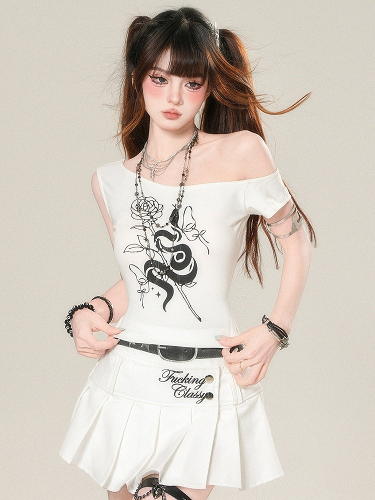 Weiß/Schwarzes T-Shirt Glamouröser asymmetrischer Print Rosette Bittersüßer Ausschnitt