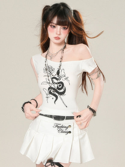 Weiß/Schwarzes T-Shirt Glamouröser asymmetrischer Print Rosette Bittersüßer Ausschnitt