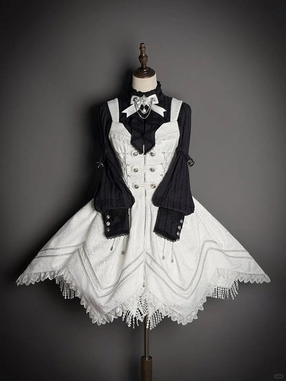 Hem Details with Dress Handkerchief White Zipper Military Jacquard Corset Lolita