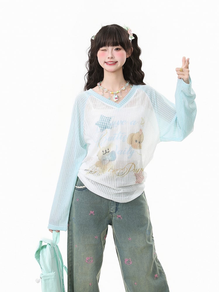 Apricot/Pink/Green Kawaii V-Neck Knit Top with Puppy Print - Long Sleeve Pullover