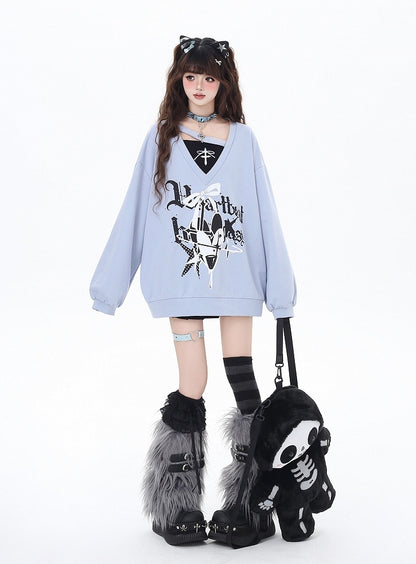 スウェットシャツ Vネック ハート＆リボンプリント ルーズ ツーピース ビタースウィート ブラック/ブルー フェイク