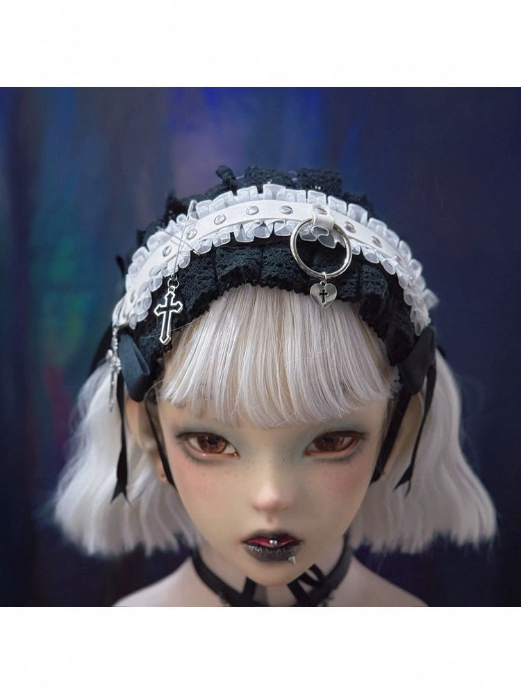 Gothic Black & White Lace Headband with Cross Accents - Strange Sugar
