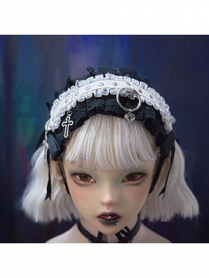 Gothic Black & White Lace Headband with Cross Accents - Strange Sugar