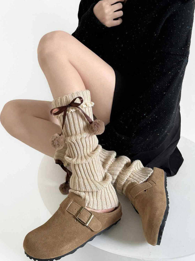 Details Bow Ribbed Warmers Leg with Khaki Pom-Pom