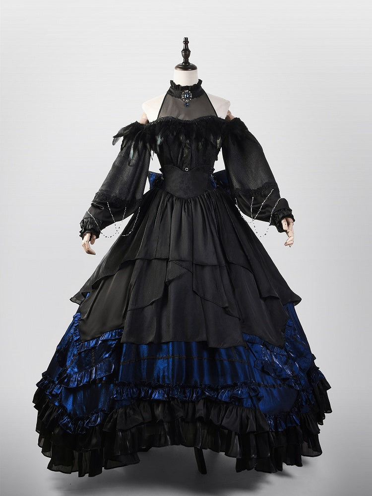 Black Open Shoulder Gothic Shirt with Illusion Halter Neck and Detachable Feather