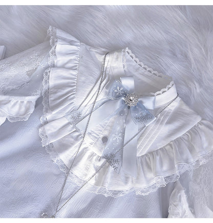 ジライケイ ライトブルー レースパッチショルダー ランドマインスタイル レーストリム ロングスリーブドレス