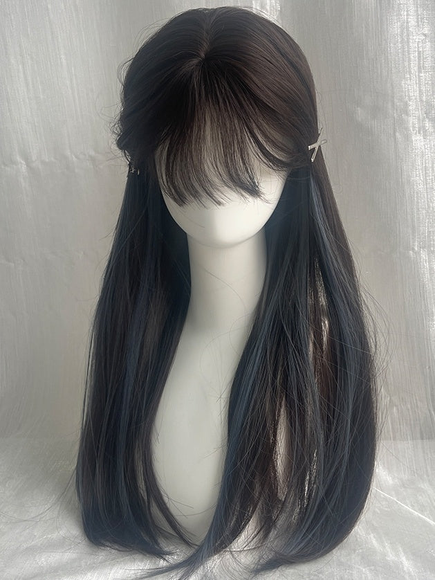 Graue und blaue Highlights, lange, glatte Kunsthaarperücke mit Pony