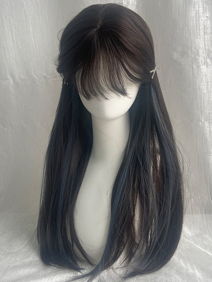 Graue und blaue Highlights, lange, glatte Kunsthaarperücke mit Pony