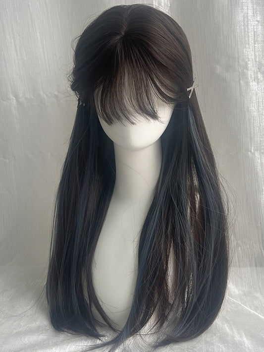 Graue und blaue Highlights, lange, glatte Kunsthaarperücke mit Pony