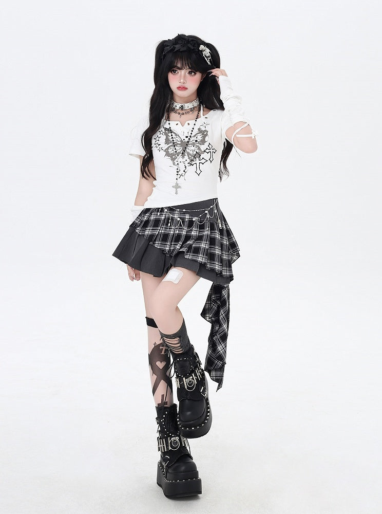 バタフライプリントホルターネックTシャツアームウェア（ブラック/ホワイト）