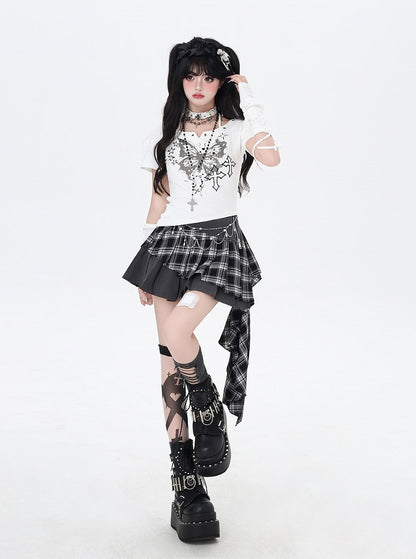 バタフライプリントホルターネックTシャツアームウェア（ブラック/ホワイト）