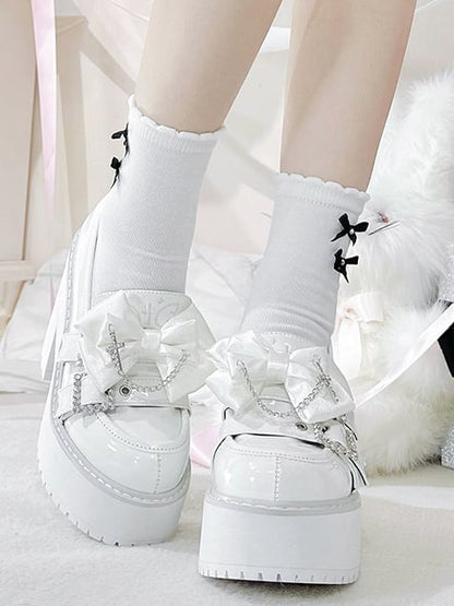 クロスラインストーンケイホワイトチェーンバックルローファー装飾プラットフォームボウポリッシュジライ