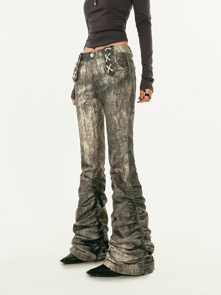 Vintage Grey Jeans Punk Denim Paint-Splattered Flare