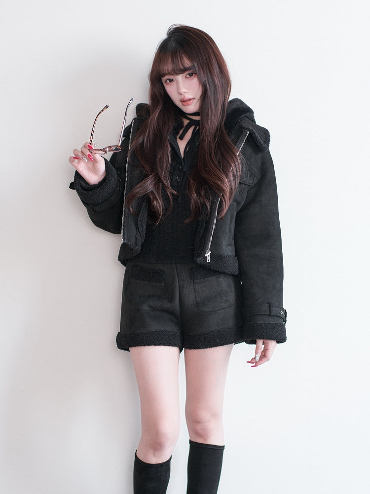 Kei Hooded Cropped with Strap Black Jirai Jacket Details Zippered