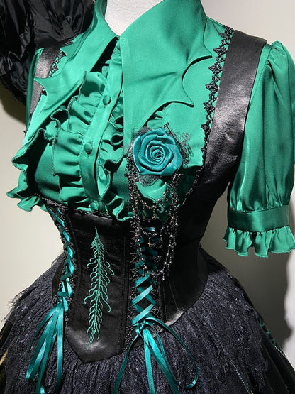 Green Rosette and Skull Print Gothic Lolita Corset Under Bust JSK Dress - Sweetheart Love Song