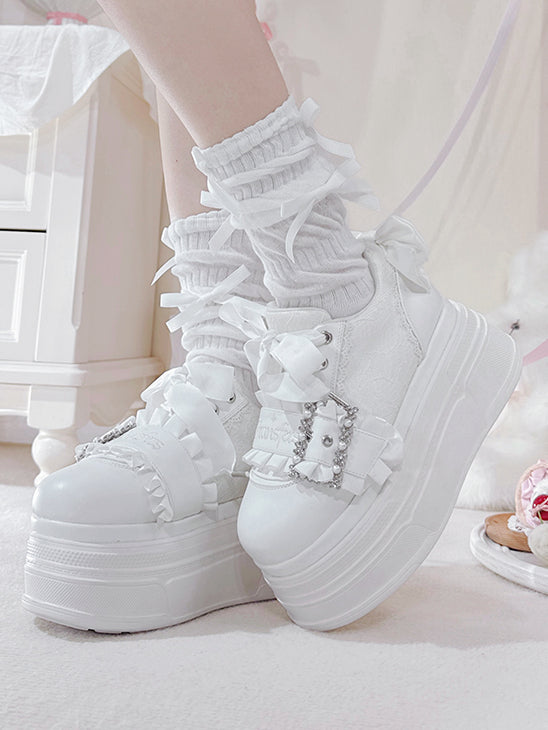 Buckle White Bow Jirai Shoes Beaded Design Kei Platforms Accents