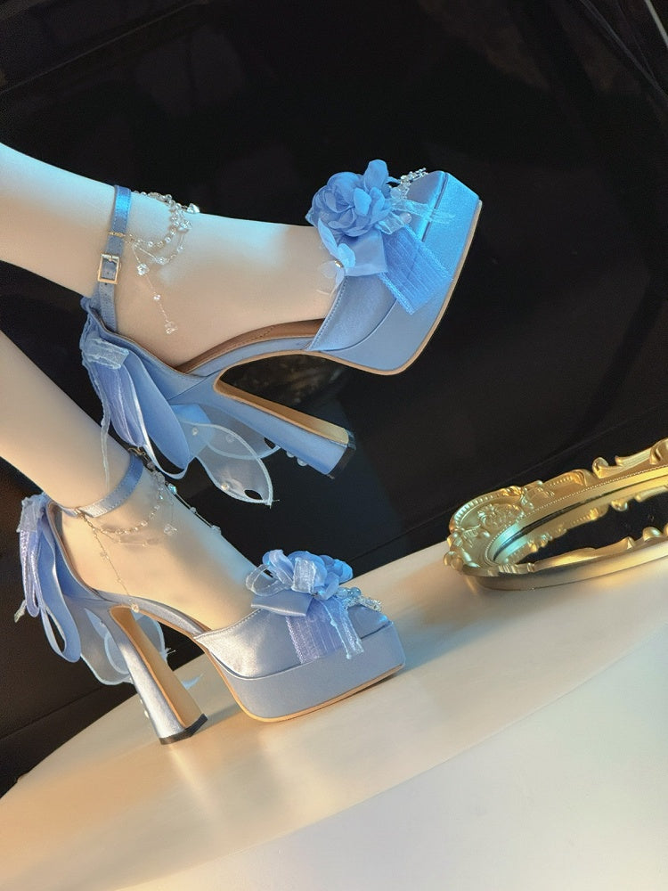 Light Blue Lolita Pumps with Floral Accents and Bead Chain - A Sky Rabbit