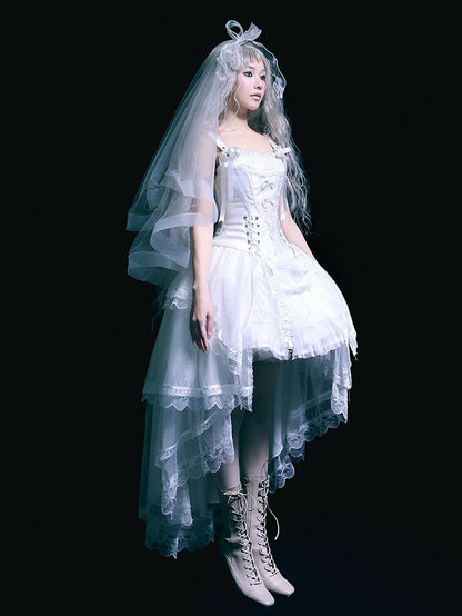 ホワイトのレースアップディテールのボーン入りコルセットトップ + ハイローレイヤードロリータスカート