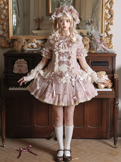 with Waist Sweet Low Sleeves Bow Lace Pink Beige Dress Ruffled Lolita and Accents