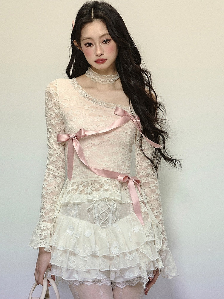 Apricot Ribbon Bow Detail Asymmetrical Neckline Lace Top