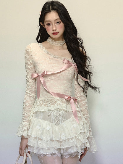 Apricot Ribbon Bow Detail Asymmetrical Neckline Lace Top