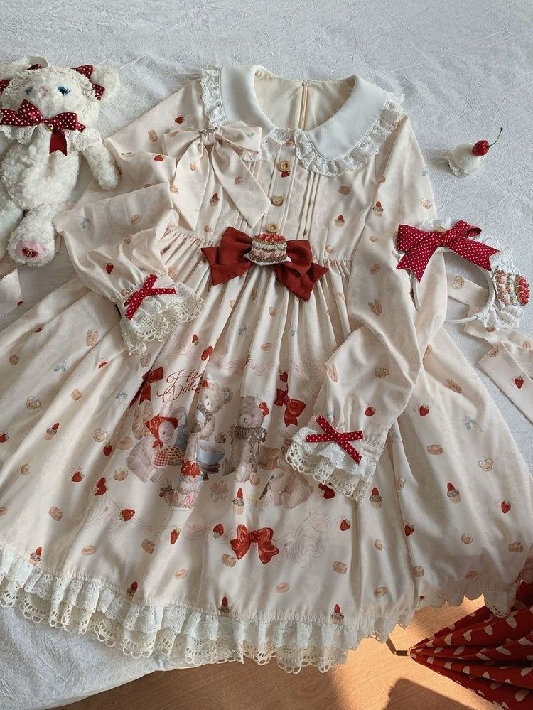 Peter Pan Collar Bear & Cake Print OP Dress with Bow - Honey Village