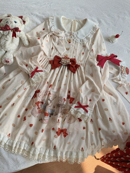 Peter Pan Collar Bear & Cake Print OP Dress with Bow - Honey Village