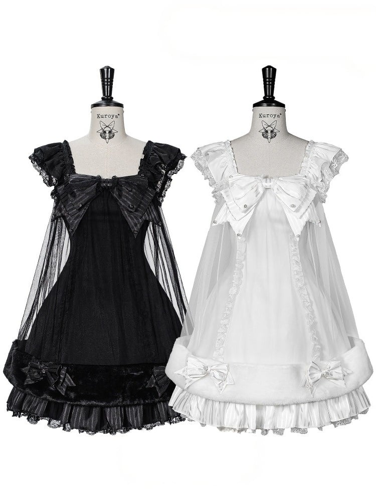 Black Gothic Pearl Bowknot JSK Dress with Plush - Kuroya
