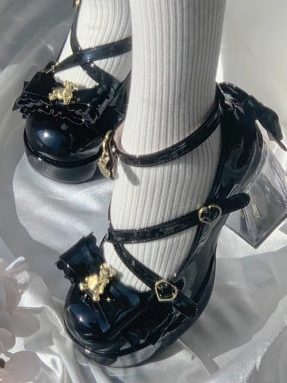 Heels - Block Leather Black High PU Crisscross Straps Lolita Sweet