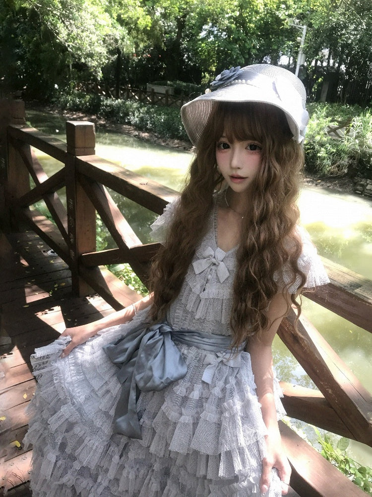 Elegant Waist + Cotton Skirt Tulle Lolita Vest Set Multi-layered Mesh Classic Gray Belt Dotted -