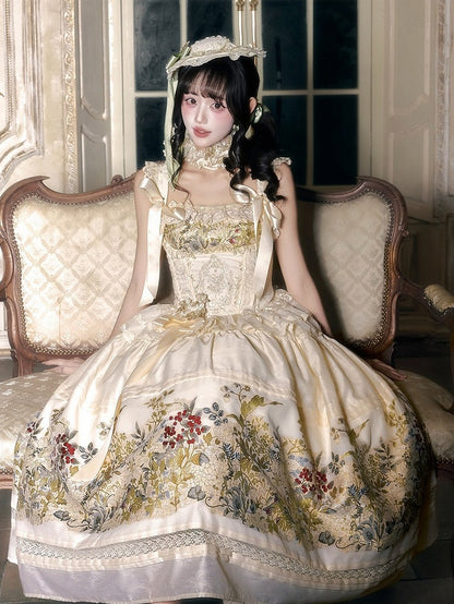 Retro Beige Floral Lace-Trimmed A-Line Skirt - Yimu Walnut