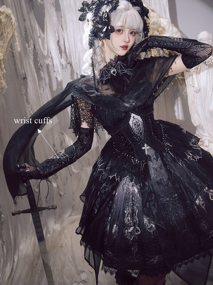 Black & Gray Bone Dragon Embroidery Halter Neck Gothic Lolita Dress Set - Ying Luo Fu