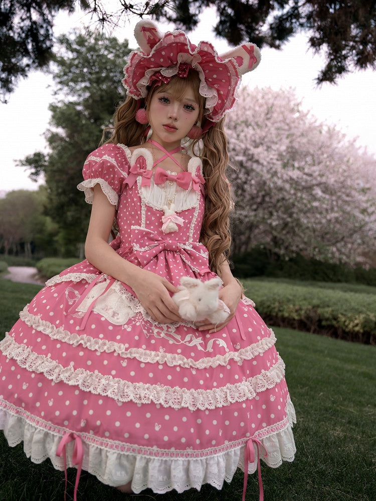 Ohren Quadrat Muster Kleid Bunny Polka Dots Lolita Ausschnitt Rosa Plüsch Süß Dunkel