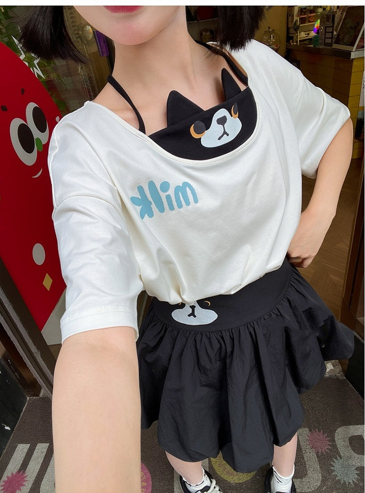 ブラック 伸縮性ウエスト キティ バブルスカート プリント