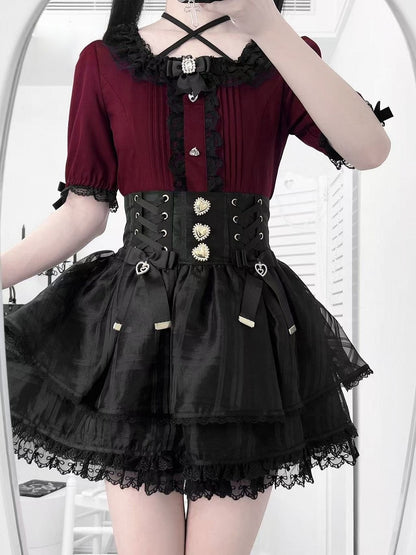 Wine Rhinestones Red Square Neckline Jirai Kei Blouse with Pleating Details  Heart