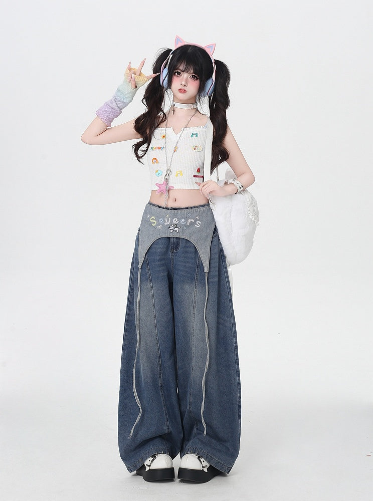Blue Low Waist Wide-leg Jeans with Letter Embroidery