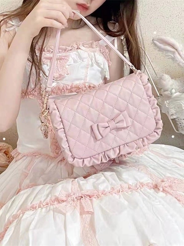 Light Pink Crossbody Lolita Bag with Diamond Pattern and Bows - Seraphim