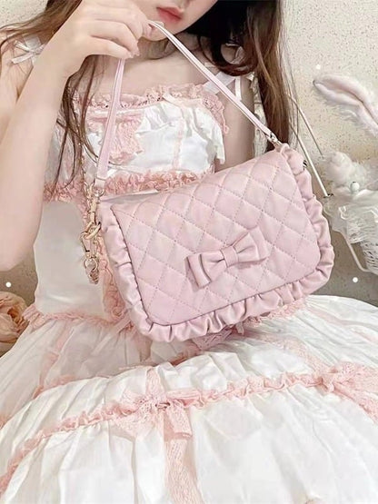 Light Pink Crossbody Lolita Bag with Diamond Pattern and Bows - Seraphim