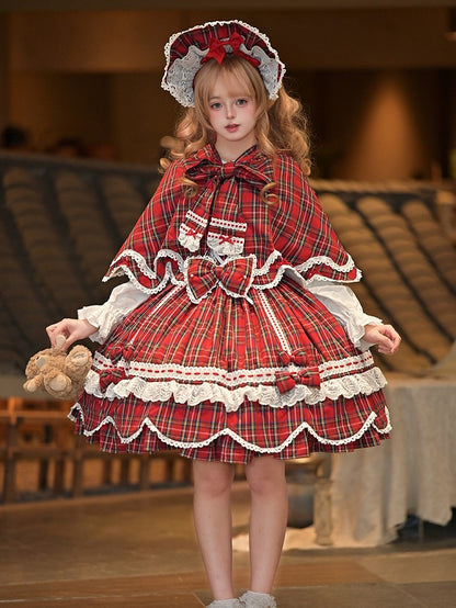 and Plaid Bunny Ears Red Cape Hooded with Petal-like Trim