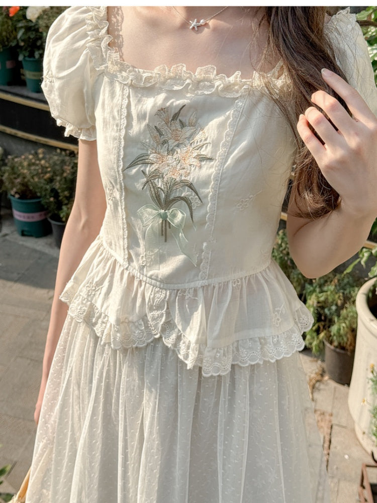 Beige Square Ruffled Blouse Trim Neckline Puff Sleeves Lily Embroidery Lace