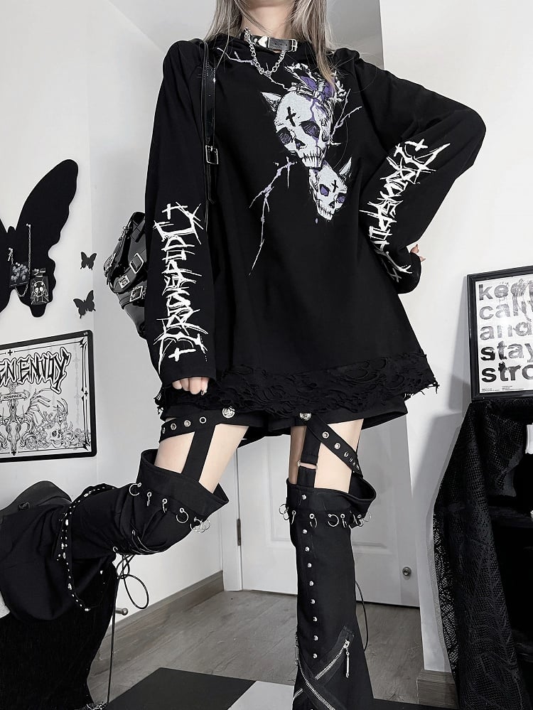 Black And Print Emo Skeleton Hoodie Letter Punk