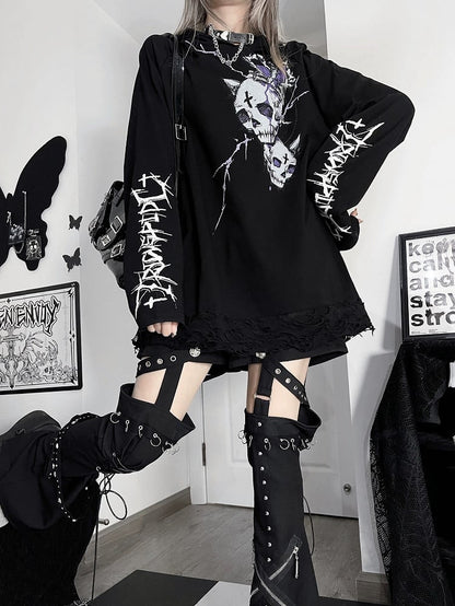 Black And Print Emo Skeleton Hoodie Letter Punk
